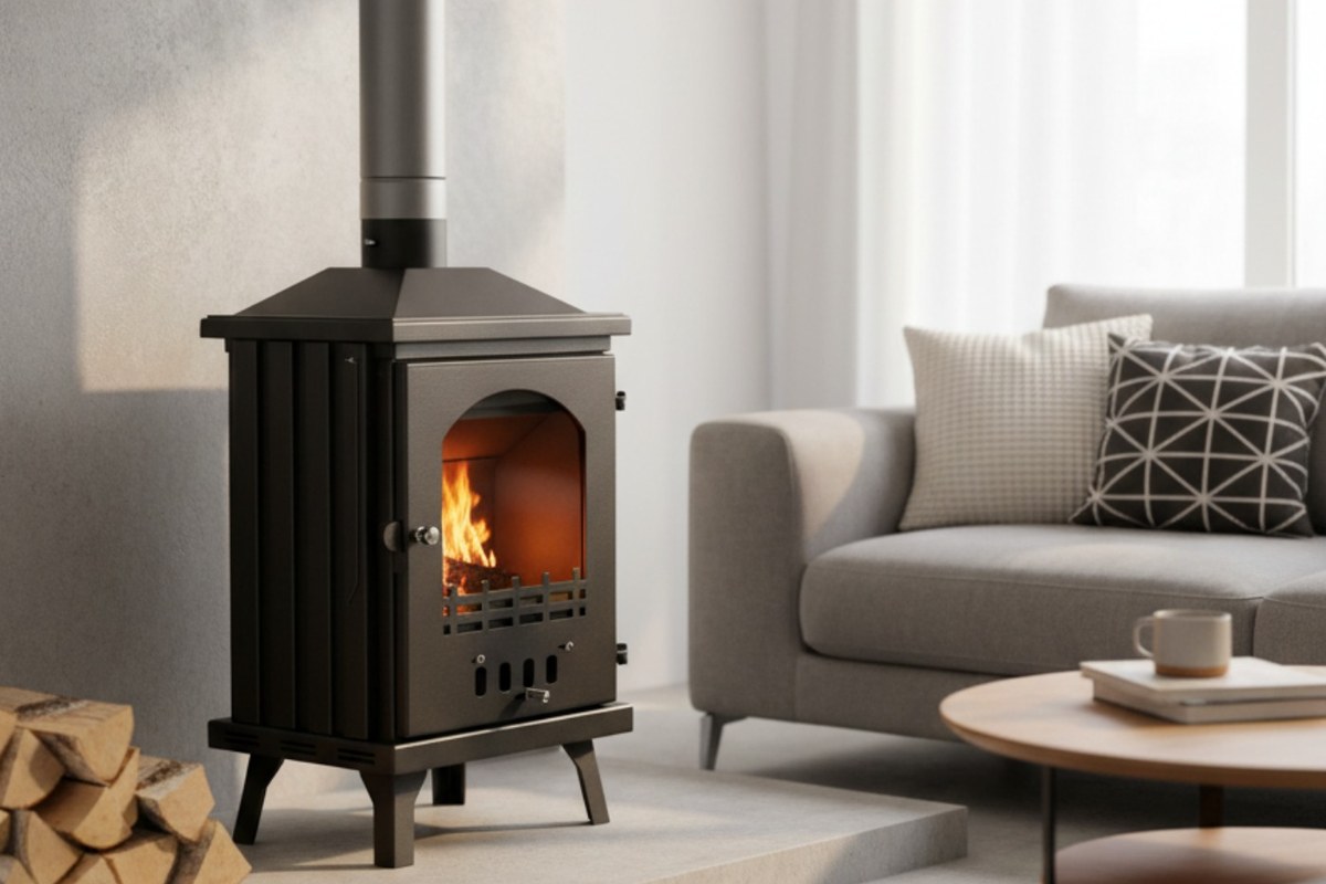 Black cast iron wood burning fireplace with taper top and glass door beside a grey sofa in a bright modern living room