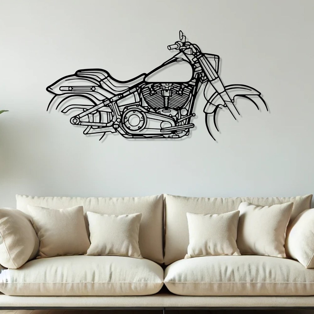 Bike wall art: Harley-Davidson Fat Boy black metal motorcycle silhouette mounted above a sofa
