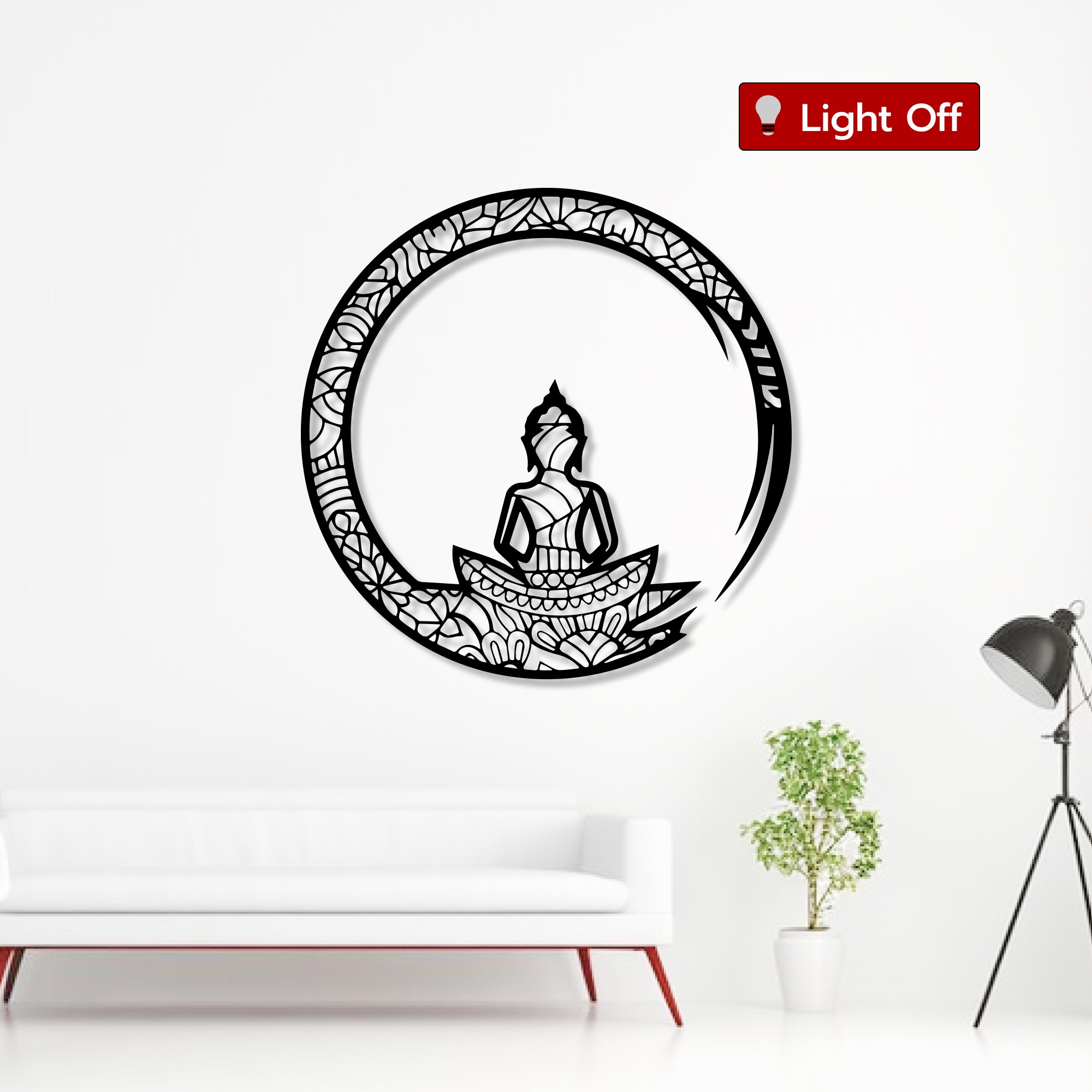 Spiritual wall art: Buddha metal silhouette mounted above a sofa in a calm living room