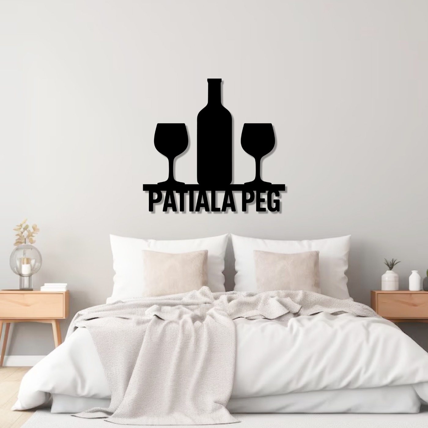 Bar wall art: Patiala Peg laser-cut metal sign with bottle and glasses mounted on a light wall