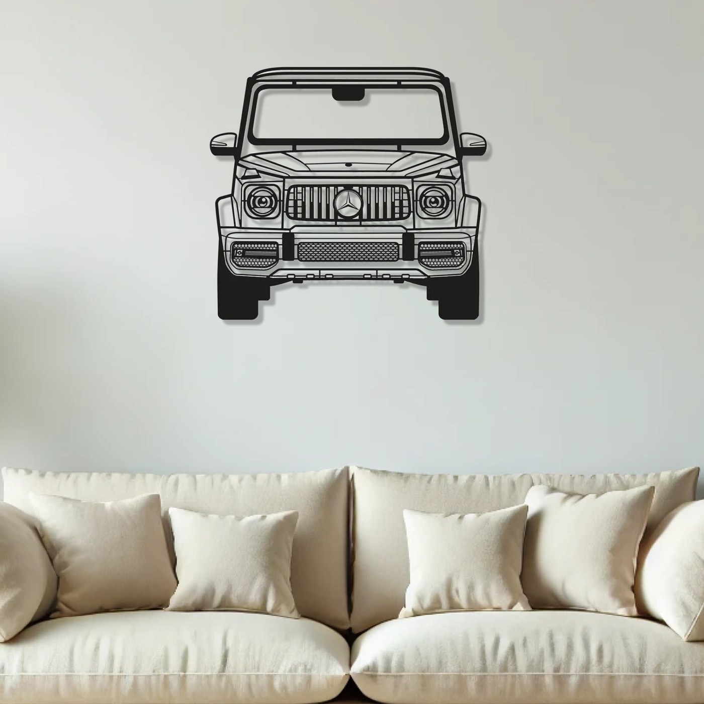 SUV wall art: Mercedes-Benz G63 AMG 2019 front perspective laser-cut black steel wall art above a beige sofa
