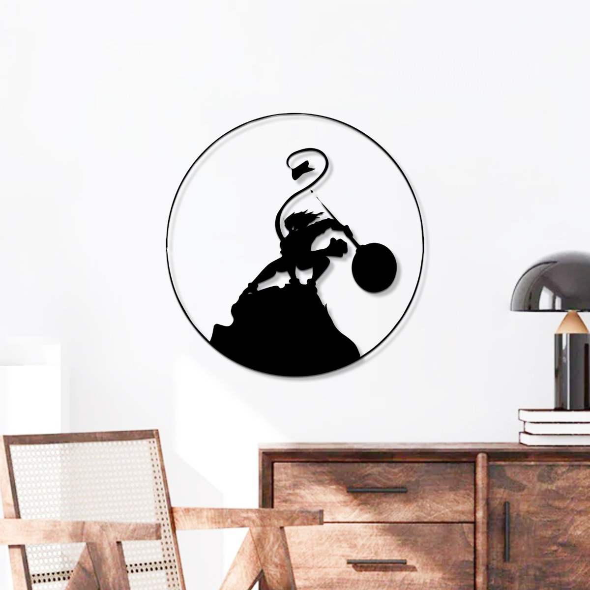 Hanuman wall art: black laser-cut Panchmukhi Hanuman steel silhouette above a wooden console