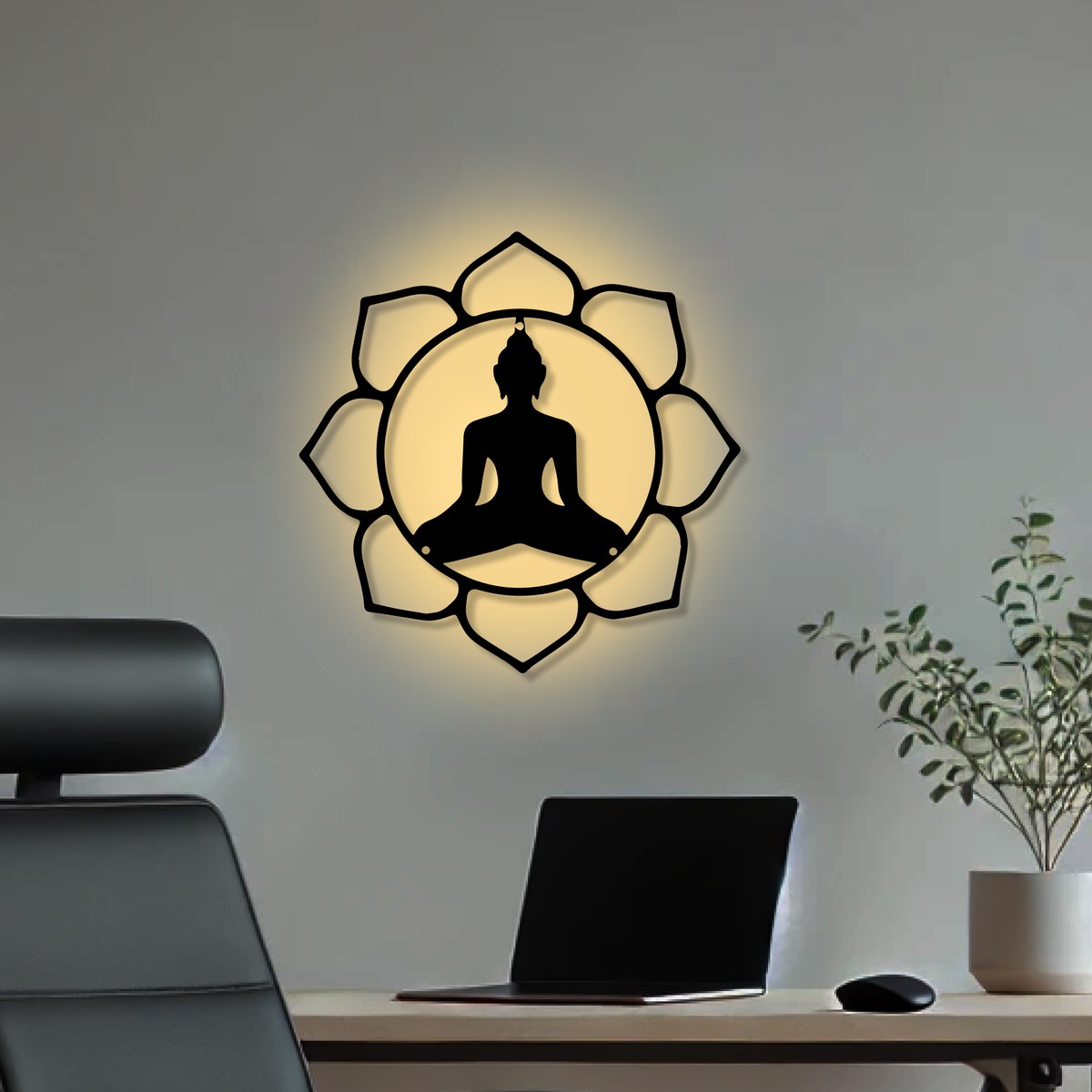 Buddha wall art: black laser-cut Zen lotus Buddha in steel above a home office desk