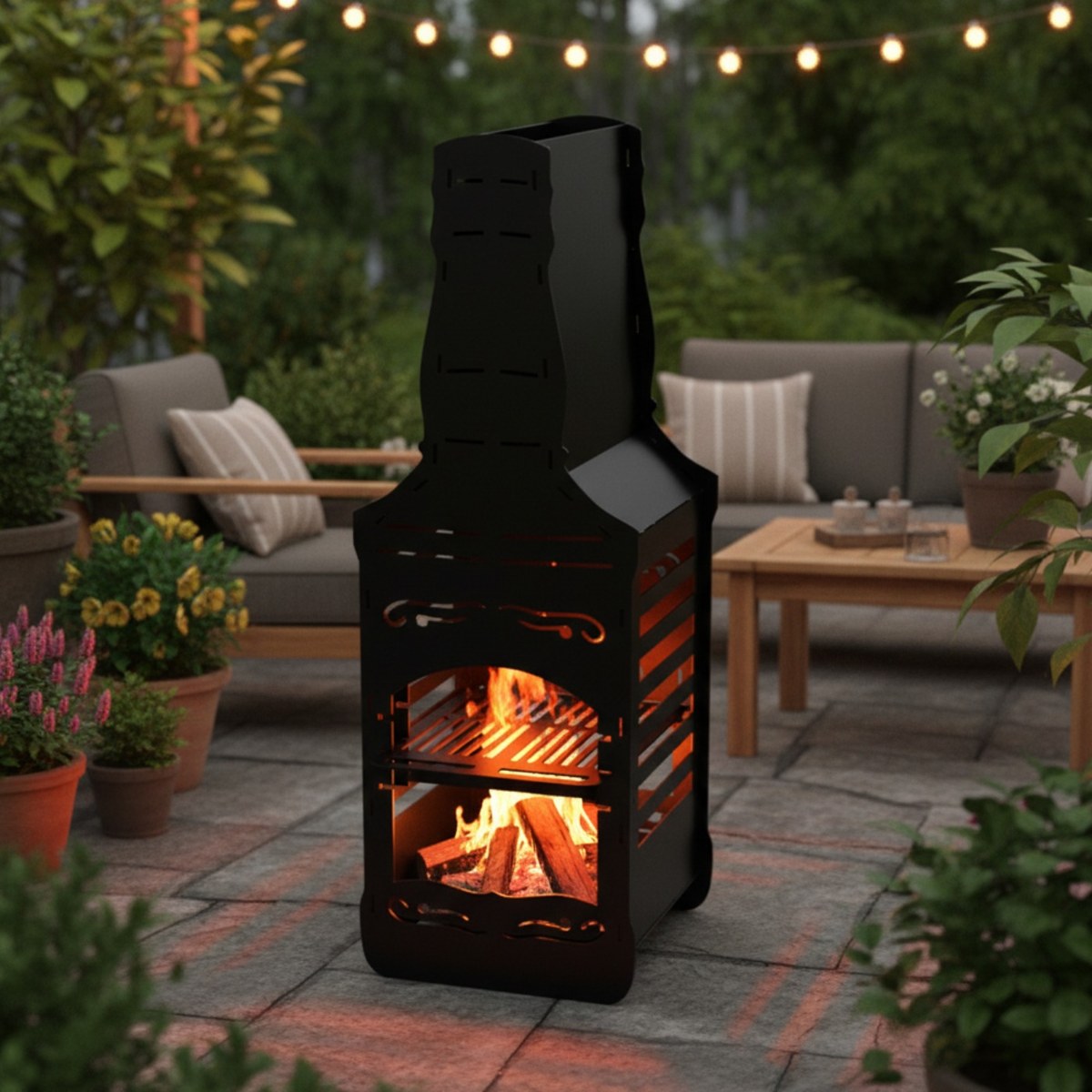 Collapsible fire pit: PackFlame Vortex Tower black steel fire pit lit on a patio with sofas and string lights