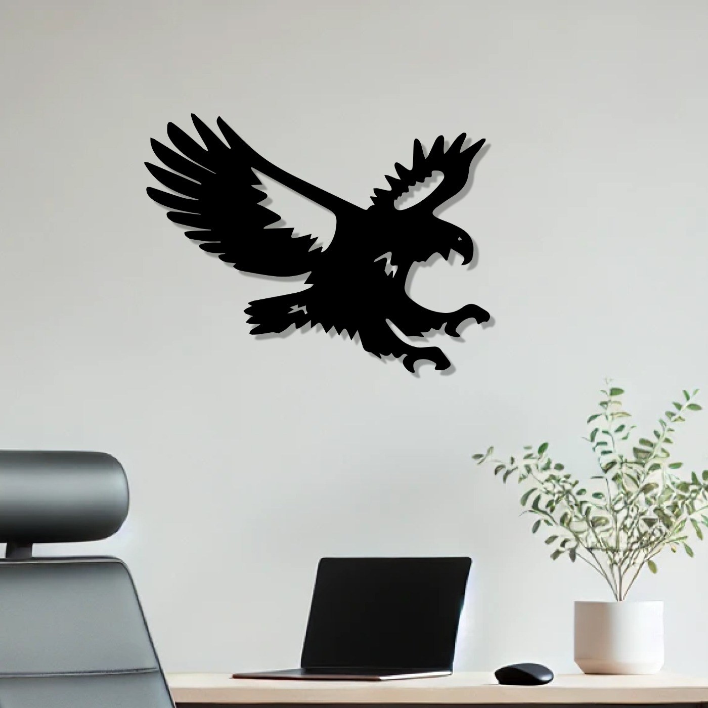 Black eagle metal wall art above a home office desk, a pairing idea for wolf wall art