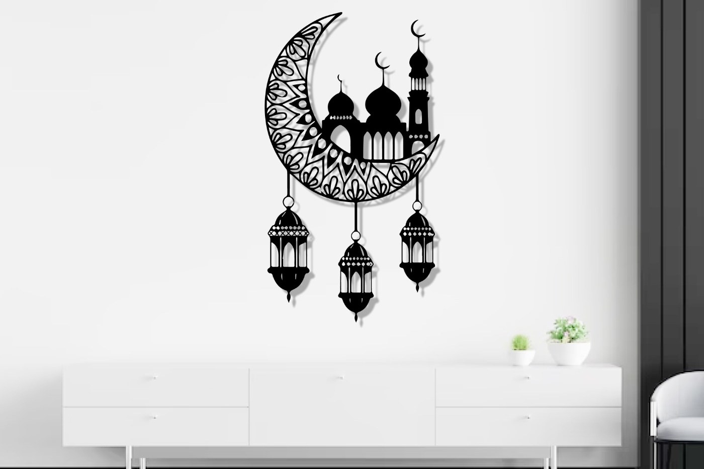 Mosque metal wall art with crescent moon and lanterns on a white wall