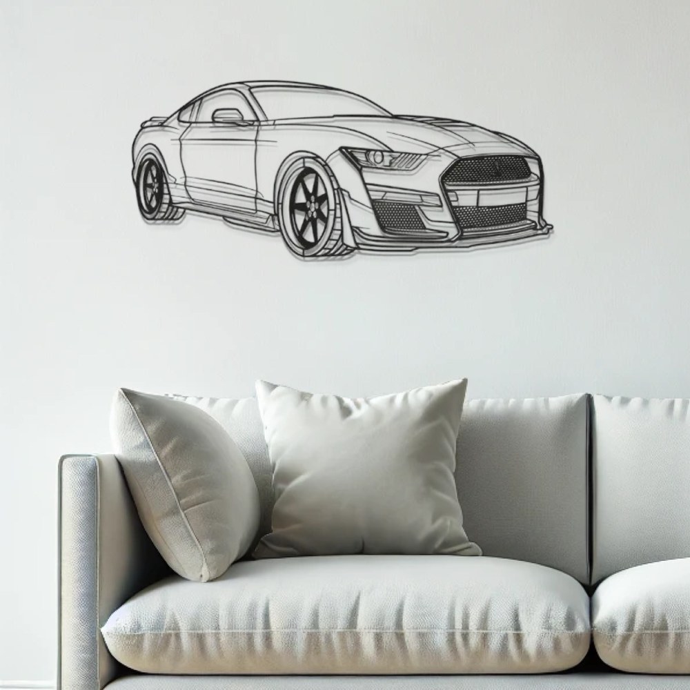 Mustang Shelby GT500 sports car wall art in black metal above a white sofa