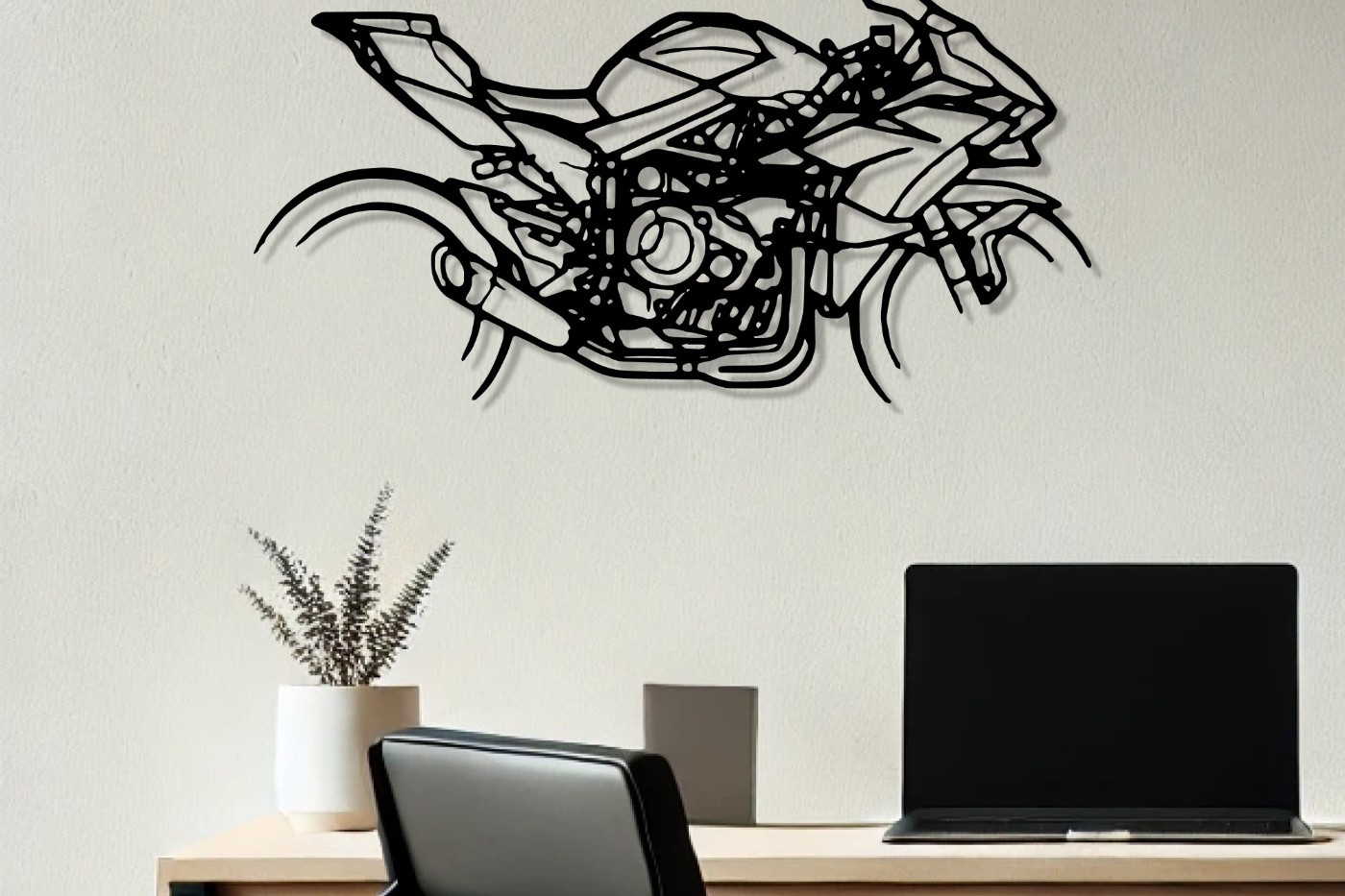 Kawasaki H2R sportbike wall art in black metal above a home office desk