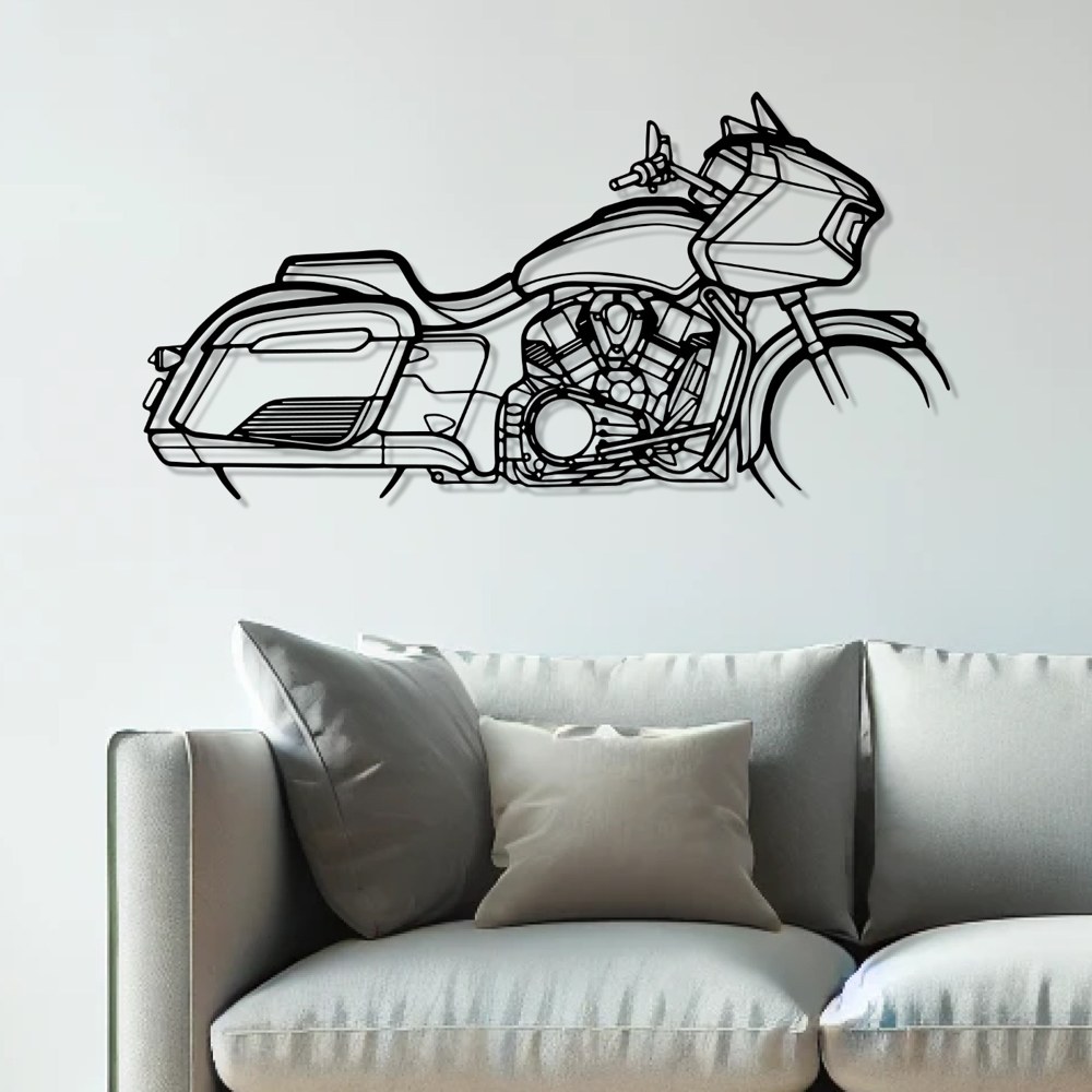 Indian Chief Dark Horse classic motorcycle wall art in black metal above a grey sofa