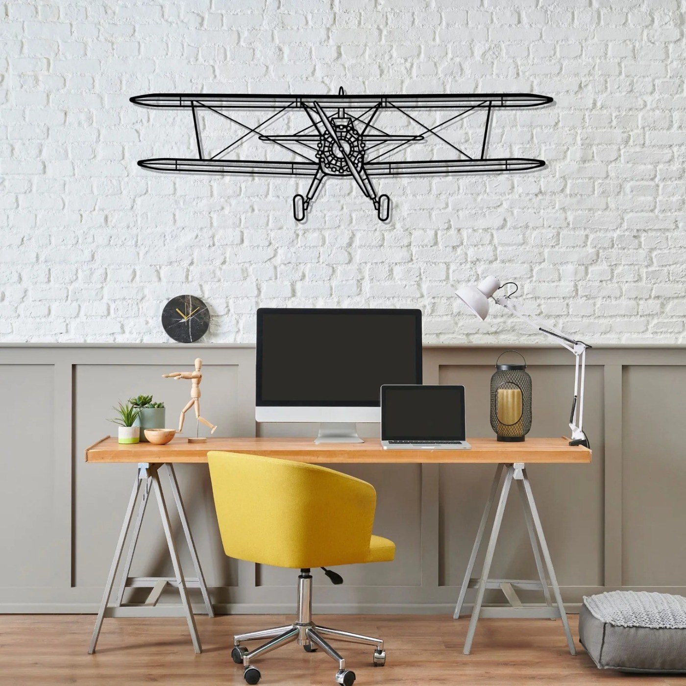Stearman front biplane wall art above a home office desk